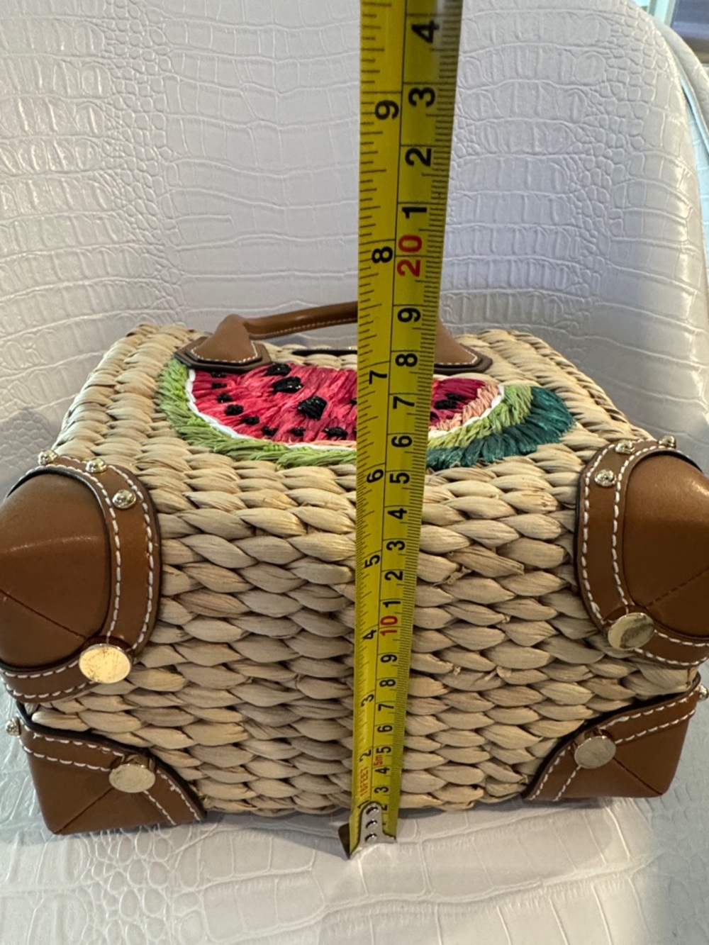 Michael Kors Straw Tote with Pink Watermelon Patch and Brown Leather Trim - Picture 11 of 12